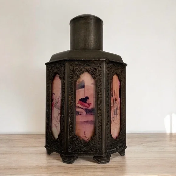 Early 1900's Chinese Shantou Pewter Tea Caddy With Reverse Painted Glass Panels - Picture 2 of 10